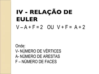 IV - RELAÇÃO DE EULER V – A + F = 2   OU  V + F =  A + 2 Onde: V- NÚMERO DE VÉRTICES A- NÚMERO DE ARESTAS F – NÚMERO DE FACES  