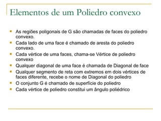 Elementos de um Poliedro convexo As regiões poligonais de G são chamadas de faces do poliedro convexo. Cada lado de uma face é chamado de aresta do poliedro convexo. Cada vértice de uma faces, chama-se Vértice de poliedro convexo Qualquer diagonal de uma face é chamada de Diagonal de face Qualquer segmento de reta com extremos em dois vértices de faces diferente, recebe o nome de Diagonal do poliedro O conjunto G é chamado de superfície do poliedro Cada vértice de poliedro constitui um ângulo poliédrico 