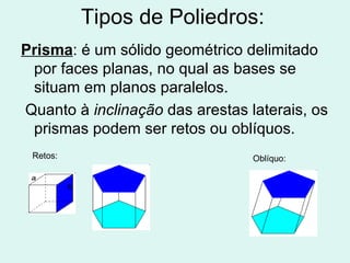 Tipos de Poliedros: Prisma : é um sólido geométrico delimitado por faces planas, no qual as bases se situam em planos paralelos. Quanto à inclinação das arestas laterais, os prismas podem ser retos ou oblíquos. Retos: Oblíquo:
