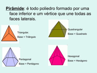 Pirâmide : é todo poliedro formado por uma face inferior e um vértice que une todas as faces laterais. Triangular. Base = Triângulo Quadrangular Base = Quadrado Pentagonal Base = Pentágono Hexagonal Base = Hexágono