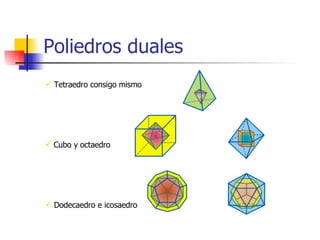 Poliedros duales Tetraedro consigo mismo Cubo y octaedro Dodecaedro e icosaedro 