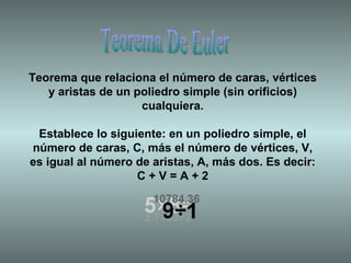 Teorema De Euler Teorema que relaciona el número de caras, vértices y aristas de un poliedro simple (sin orificios) cualquiera. Establece lo siguiente: en un poliedro simple, el número de caras, C, más el número de vértices, V, es igual al número de aristas, A, más dos. Es decir: C + V = A + 2 