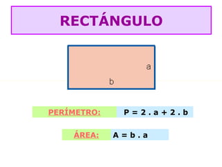 PERÍMETRO: P = 2 . a + 2 . b
ÁREA: A = b . a
RECTÁNGULO
 