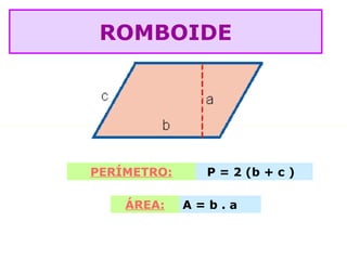 PERÍMETRO: P = 2 (b + c )
ÁREA: A = b . a
ROMBOIDE
 