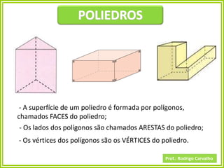 Prof.: Rodrigo Carvalho
POLIEDROS
- A superfície de um poliedro é formada por polígonos,
chamados FACES do poliedro;
- Os lados dos polígonos são chamados ARESTAS do poliedro;
- Os vértices dos polígonos são os VÉRTICES do poliedro.
 