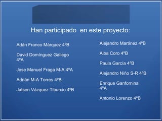 Han participado en este proyecto:
Adán Franco Márquez 4ºB
David Domínguez Gallego
4ºA
Jose Manuel Fraga M-A 4ºA
Adrián M-A Torres 4ºB
Jatsen Vázquez Tiburcio 4ºB
Alejandro Martínez 4ºB
Alba Coro 4ºB
Paula García 4ºB
Alejandro Niño S-R 4ºB
Enrique Ganfornina
4ºA
Antonio Lorenzo 4ºB
 