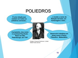 Imagem: Emanuel Handmann / United
States Public Domain
MATEMÁTICA, 2ª Série
Poliedros: classificação e representações
13
POLIEDROS
É uma relação que
existem em todos os
poliedros convexos...
... e recebe o nome de
Relação de Euler, em
homenagem a mim...
A propósito, meu nome
é Leonhard Paul Euler.
Nasci em São
Petersburgo, em 1707.
Desenvolvi trabalhos em
áreas como a Física,
Filosofia e Matemática.
 