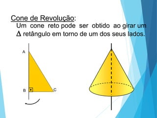 MATEMÁTICA, Ensino Médio, 3° ano
Volume do cone.
A
B C
Cone de Revolução:
Um cone reto pode ser obtido ao girar um
D retângulo em torno de um dos seus lados.
 