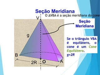 O DVBA é a seção meridiana do cone.
Seção
Meridiana
O
* A
B
V
g
2R
Seção Meridiana
Se o triângulo VBA
é equilátero, o
cone é um Cone
Equilátero.
g=2R
MATEMÁTICA, Ensino Médio, 3° ano
Volume do cone.
 