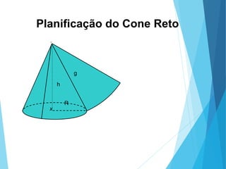 MATEMÁTICA, Ensino Médio, 3° ano
Volume do cone.
R
x
h
g
Planificação do Cone Reto
 