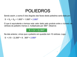 16
MATEMÁTICA, 2ª Série
Poliedros: classificação e representações
POLIEDROS
Sendo assim, a soma S dos ângulos das faces deste poliedros será dada por:
S = SA + SB = 1.800º + 1.080º = 2.880º
O que é equivalente a termos este valor dado pelo produto entre o número de
vértices do poliedro menos 2, multiplicado por 360º. Observe:
S = (V – 2).360º
S = (10 – 2).360º = 8 . 360º = 2.880º
Na tela anterior, vimos que o poliedro em questão tem 10 vértices. Logo:
 