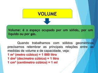 MATEMÁTICA, Ensino Médio, 3° ano
Volume do cone.
VOLUME
Volume: é o espaço ocupado por um sólido, por um
líquido ou por gás.
Quando trabalhamos com sólidos geométricos
precisamos relembrar as principais relações entre as
medidas de volume e de capacidade, veja:
1 m³ (metro cúbico) = 1 000 litro
1 dm³ (decímetro cúbico) = 1 litro
1 cm³ (centímetro cúbico) = 1 ml
 