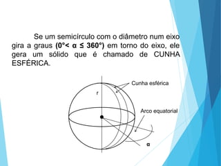 CUNHA ESFÉRICA
Se um semicírculo com o diâmetro num eixo
gira a graus (0°< α ≤ 360°) em torno do eixo, ele
gera um sólido que é chamado de CUNHA
ESFÉRICA.
MATEMÁTICA, 3º Ano do Ensino Médio
Volume da Esfera
r
α
Cunha esférica
Arco equatorial
 