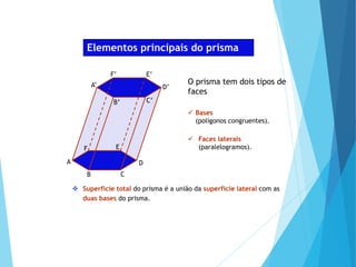 MATEMÁTICA, Ensino Médio, 2° ano
Volume dos prismas
Elementos principais do prisma
O prisma tem dois tipos de
faces
A
B C
D
E
F
A’
B’ C’
D’
E’
F’
 Bases
(polígonos congruentes).
 Faces laterais
(paralelogramos).
 Superfície total do prisma é a união da superfície lateral com as
duas bases do prisma.
 