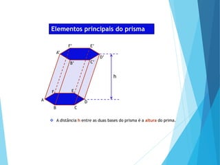 MATEMÁTICA, Ensino Médio, 2° ano
Volume dos prismas
h
A
B C
D
E
F
A’
B’ C’
D’
E’
F’
 A distância h entre as duas bases do prisma é a altura do prima.
Elementos principais do prisma
 