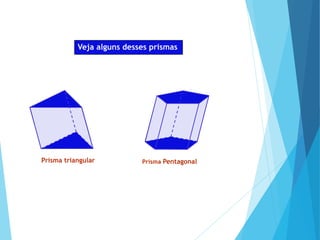 MATEMÁTICA, Ensino Médio, 2° ano
Volume dos prismas
Veja alguns desses prismas
Prisma triangular Prisma Pentagonal
 