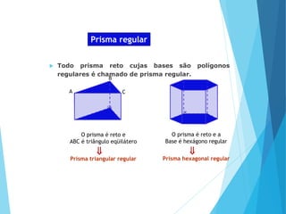 MATEMÁTICA, Ensino Médio, 2° ano
Volume dos prismas Prisma regular
 Todo prisma reto cujas bases são polígonos
regulares é chamado de prisma regular.
O prisma é reto e
ABC é triângulo eqüilátero
⇒
A
B
C
Prisma triangular regular
O prisma é reto e a
Base é hexágono regular
⇒
Prisma hexagonal regular
 