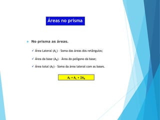 MATEMÁTICA, Ensino Médio, 2° ano
Volume dos prismas
Áreas no prisma
 No prisma as áreas.
 Área Lateral (AL) – Soma das áreas dos retângulos;
 Área da base (AB) – Área do polígono da base;
 Área total (AT) – Soma da área lateral com as bases.
AT = AL + 2AB
 