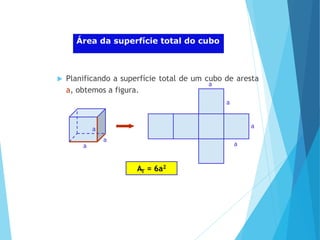 MATEMÁTICA, Ensino Médio, 2° ano
Volume dos prismas
Área da superfície total do cubo
 Planificando a superfície total de um cubo de aresta
a, obtemos a figura.
a
a
a
a
a
a
a
AT = 6a2
 