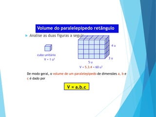MATEMÁTICA, Ensino Médio, 2° ano
Volume dos prismas
Volume do paralelepípedo retângulo
 Analise as duas figuras a seguir.
cubo unitário
V = 1 u3
V = 5.3.4 = 60 u3
5 u
3 u
4 u
De modo geral, o volume de um paralelepípedo de dimensões a, b e
c é dado por
V = a.b.c
 