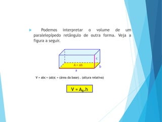 MATEMÁTICA, Ensino Médio, 2° ano
Volume dos prismas
 Podemos interpretar o volume de um
paralelepípedo retângulo de outra forma. Veja a
figura a seguir.
V = abc
V = AB.h
a
b
c
A = ab
= (ab)c = (área da base) . (altura relativa)
 