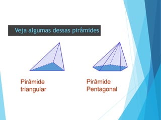 Veja algumas dessas pirâmides
Pirâmide
triangular
Pirâmide
Pentagonal
 