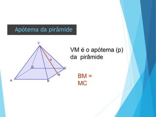 V
A B
Apótema da pirâmide
VM é o apótema (p)
da pirâmide
p
D C
M
BM =
MC
 
