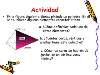 Actividad   En la figura siguiente tienes pintado un poliedro. En él se te indican algunos elementos característicos. a. ¿Cómo definirías cada uno de estos elementos? b. ¿Cuántas caras, vértices y aristas tiene este poliedro? c. ¿Cuántas caras se habrán de juntar en un vértice como mínimo? 