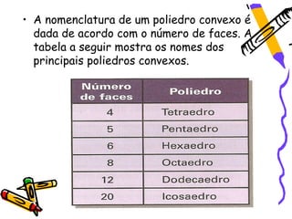 • A nomenclatura de um poliedro convexo é
  dada de acordo com o número de faces. A
  tabela a seguir mostra os nomes dos
  principais poliedros convexos.
 