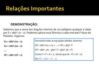 DEMONSTRAÇÃO:
Sabemos que a soma dos ângulos internos de um polígono qualquer é dada
por S = 180º. (n – 2). Podemos aplicar essa fórmula a cada uma das F faces do
Poliedro. Vejamos:
S1 = 180º.(n1 – 2)
S2 = 180º.(n2 – 2)
...
SF = 180º.(nF – 2)
Somando todas as equações obtidas, teremos:
Sif = 180º.(n1 + n2 + ....+ nF) – 360º. F
Sif = 180º. 2A – 360º. F = 360º. (A – F)
Como V + F = A + 2, temos que (A – F) = (V – 2)
OU Sif = 360º . (V – 2)
 