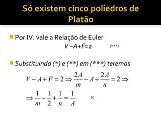  Por IV. vale a Relação de Euler
V −A+F=2
 Substituindo (*) e (**) em (***) teremos
Anm
n
A
A
m
A
FAV
11
2
11
2
22
2
=+−⇒
⇒=+−⇒=+−
(***)
(i)
 