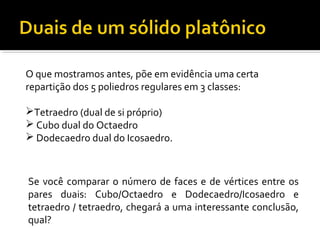 O que mostramos antes, põe em evidência uma certa
repartição dos 5 poliedros regulares em 3 classes:
Tetraedro (dual de si próprio)
 Cubo dual do Octaedro
 Dodecaedro dual do Icosaedro.
Se você comparar o número de faces e de vértices entre os
pares duais: Cubo/Octaedro e Dodecaedro/Icosaedro e
tetraedro / tetraedro, chegará a uma interessante conclusão,
qual?
 