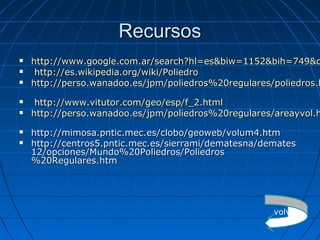 RecursosRecursos
 http://www.google.com.ar/search?hl=es&biw=1152&bih=749&dhttp://www.google.com.ar/search?hl=es&biw=1152&bih=749&d
 http://es.wikipedia.org/wiki/Poliedrohttp://es.wikipedia.org/wiki/Poliedro
 http://perso.wanadoo.es/jpm/poliedros%20regulares/poliedros.hhttp://perso.wanadoo.es/jpm/poliedros%20regulares/poliedros.h
 http://www.vitutor.com/geo/esp/f_2.htmlhttp://www.vitutor.com/geo/esp/f_2.html
 http://perso.wanadoo.es/jpm/poliedros%20regulares/areayvol.hhttp://perso.wanadoo.es/jpm/poliedros%20regulares/areayvol.h
 http://mimosa.pntic.mec.es/clobo/geoweb/volum4.htmhttp://mimosa.pntic.mec.es/clobo/geoweb/volum4.htm
 http://centros5.pntic.mec.es/sierrami/dematesna/demateshttp://centros5.pntic.mec.es/sierrami/dematesna/demates
12/opciones/Mundo%20Poliedros/Poliedros12/opciones/Mundo%20Poliedros/Poliedros
%20Regulares.htm%20Regulares.htm
volver
 