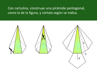 Con cartulina, construye una pirámide pentagonal, como la de la figura, y córtala según se indica.