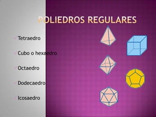 Tetraedro
Cubo o hexaedro
Icosaedro
Octaedro
Dodecaedro
 