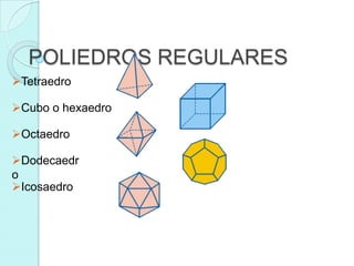 POLIEDROS REGULARES
Tetraedro

Cubo o hexaedro

Octaedro

Dodecaedr
o
Icosaedro
 