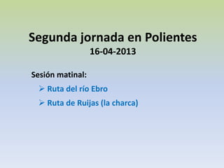 Segunda jornada en Polientes
                  16-04-2013

Sesión matinal:
  Ruta del río Ebro
  Ruta de Ruijas (la charca)
 