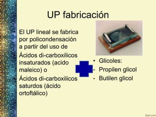 UP fabricación
• El UP lineal se fabrica
  por policondensación
  a partir del uso de
• Ácidos di-carboxilicos
  insaturados (acido        • Glicoles:
  maleico) o                - Propilen glicol
• Ácidos di-carboxilicos    - Butilen glicol
  saturdos (ácido
  ortoftálico)
 