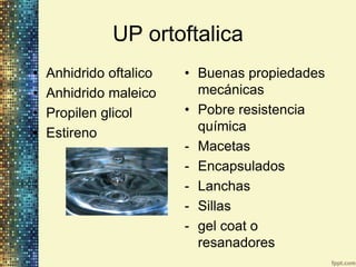 UP ortoftalica
•   Anhidrido oftalico   • Buenas propiedades
•   Anhidrido maleico      mecánicas
•   Propilen glicol      • Pobre resistencia
•   Estireno               química
                         - Macetas
                         - Encapsulados
                         - Lanchas
                         - Sillas
                         - gel coat o
                           resanadores
 