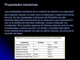 Propiedades mecánicas
Las propiedades mecánicas de un material se refieren a su capacidad
para soportar fuerzas, el modo como se deforman y ceden ante dichas
fuerzas. Así las propiedades mecánicas del Polietileno de alta
densidad dependen básicamente de su estructura, que comprende lo
que es la distribución del peso molecular, el peso molecular y la
cristalinidad. Pero también depende de factores externos como lo son
la temperatura, entorno químico y el tiempo, entendido este ultimo
como medida de la rapidez con que se aplican fuerzas, así como de la
duración de éstas.
 