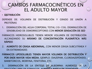 CAMBIOS FARMACOCINÉTICOS EN
EL ADULTO MAYOR
• DISTRIBUCIÓN
DEPENDE DE: VOLUMEN DE DISTRIBUCIÓN Y GRADO DE UNIÓN A
PROTEÍNAS
1. DISMINUCIÓN DEL AGUA CORPORAL TOTAL (10-15%). DISMINUCIÓN DE
SENSIBILIDAD DE OSMORRECEPTORES CON MENOR SENSACIÓN DE SED
FÁRMACOS HIDROSOLUBLES TIENEN MENOR VOLUMEN DE DISTRIBUCIÓN
ALCANZANDO SU MÁXIMO DE CONCENTRACIÓN PLASMÁTICA MÁS
RÁPIDO
2. AUMENTO DE GRASA ABDOMINAL, CON MENOR GRASA SUBCUTÁNEA Y
EN EXTREMIDADES
FÁRMACOS LIPOSOLUBLES TIENEN MAYOR VOLUMEN DE DISTRIBUCIÓN Y
POR ENDE MAYOR VIDA MEDIA. EJEMPLO: DIAZEPAM, CLORDIAZEPÓXIDO,
BARBITÚRICOS, MORFINA, FENITOÍNA, ETC.
3. DISMINUCIÓN DE LA SÍNTESIS DE ALBÚMINA: AUMENTO DE LA
 