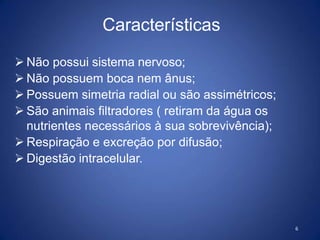 6
 Não possui sistema nervoso;
 Não possuem boca nem ânus;
 Possuem simetria radial ou são assimétricos;
 São animais filtradores ( retiram da água os
nutrientes necessários à sua sobrevivência);
 Respiração e excreção por difusão;
 Digestão intracelular.
Características
 