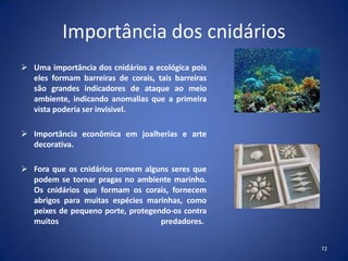 Importância dos cnidários
 Uma importância dos cnidários a ecológica pois
eles formam barreiras de corais, tais barreiras
são grandes indicadores de ataque ao meio
ambiente, indicando anomalias que a primeira
vista poderia ser invisivel.
 Importância econômica em joalherias e arte
decorativa.
 Fora que os cnidários comem alguns seres que
podem se tornar pragas no ambiente marinho.
Os cnidários que formam os corais, fornecem
abrigos para muitas espécies marinhas, como
peixes de pequeno porte, protegendo-os contra
muitos predadores.
72
 