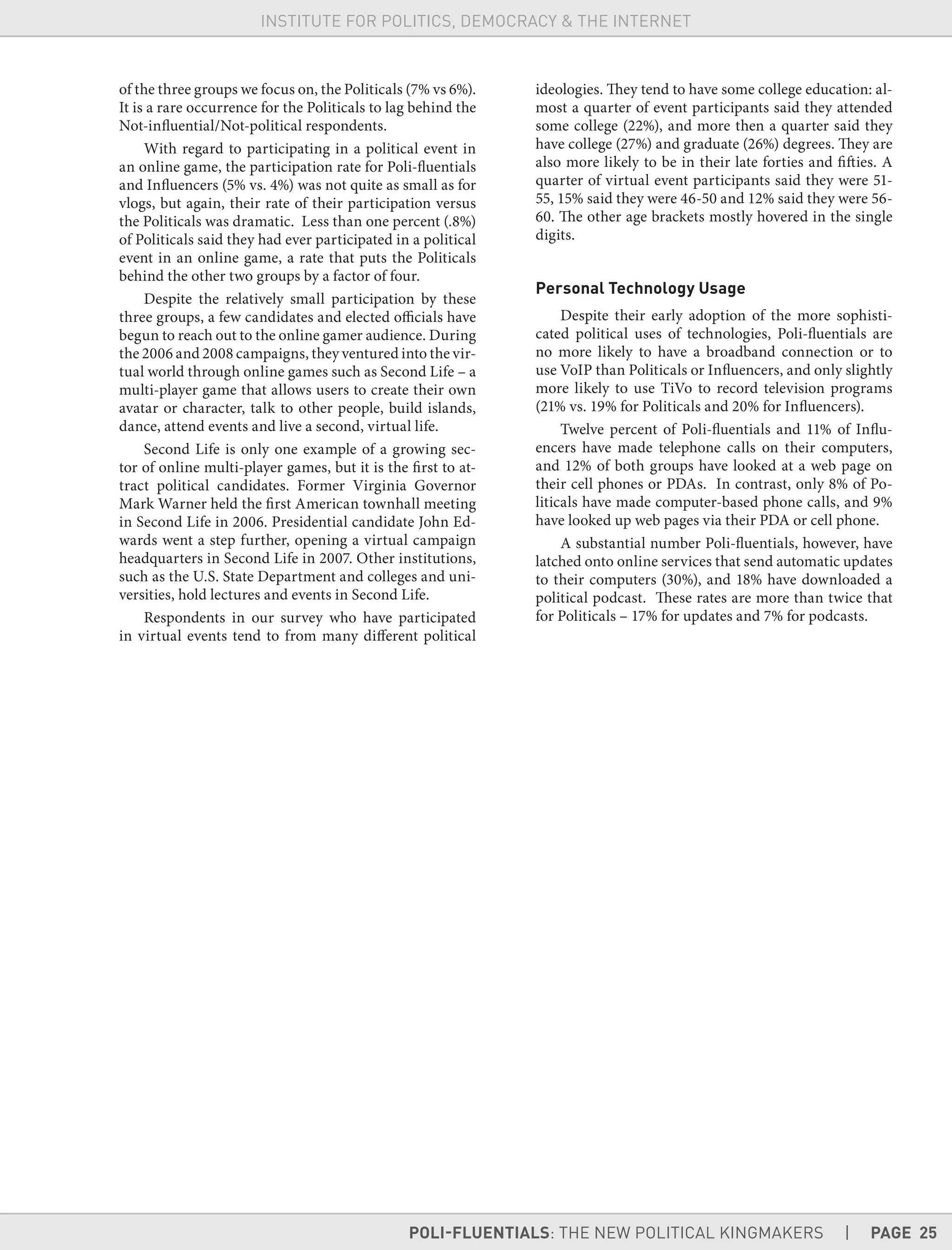 POLI-FLUENTIALS: THE NEW POLITICAL KINGMAKERS | PAGE 25
INSTITUTE FOR POLITICS, DEMOCRACY & THE INTERNET
of the three groups we focus on, the Politicals (7% vs 6%).
It is a rare occurrence for the Politicals to lag behind the
Not-influential/Not-political respondents.
With regard to participating in a political event in
an online game, the participation rate for Poli-fluentials
and Influencers (5% vs. 4%) was not quite as small as for
vlogs, but again, their rate of their participation versus
the Politicals was dramatic. Less than one percent (.8%)
of Politicals said they had ever participated in a political
event in an online game, a rate that puts the Politicals
behind the other two groups by a factor of four.
Despite the relatively small participation by these
three groups, a few candidates and elected officials have
begun to reach out to the online gamer audience. During
the 2006 and 2008 campaigns, they ventured into the vir-
tual world through online games such as Second Life – a
multi-player game that allows users to create their own
avatar or character, talk to other people, build islands,
dance, attend events and live a second, virtual life.
Second Life is only one example of a growing sec-
tor of online multi-player games, but it is the first to at-
tract political candidates. Former Virginia Governor
Mark Warner held the first American townhall meeting
in Second Life in 2006. Presidential candidate John Ed-
wards went a step further, opening a virtual campaign
headquarters in Second Life in 2007. Other institutions,
such as the U.S. State Department and colleges and uni-
versities, hold lectures and events in Second Life.
Respondents in our survey who have participated
in virtual events tend to from many different political
ideologies. They tend to have some college education: al-
most a quarter of event participants said they attended
some college (22%), and more then a quarter said they
have college (27%) and graduate (26%) degrees. They are
also more likely to be in their late forties and fifties. A
quarter of virtual event participants said they were 51-
55, 15% said they were 46-50 and 12% said they were 56-
60. The other age brackets mostly hovered in the single
digits.
Personal Technology Usage
Despite their early adoption of the more sophisti-
cated political uses of technologies, Poli-fluentials are
no more likely to have a broadband connection or to
use VoIP than Politicals or Influencers, and only slightly
more likely to use TiVo to record television programs
(21% vs. 19% for Politicals and 20% for Influencers).
Twelve percent of Poli-fluentials and 11% of Influ-
encers have made telephone calls on their computers,
and 12% of both groups have looked at a web page on
their cell phones or PDAs. In contrast, only 8% of Po-
liticals have made computer-based phone calls, and 9%
have looked up web pages via their PDA or cell phone.
A substantial number Poli-fluentials, however, have
latched onto online services that send automatic updates
to their computers (30%), and 18% have downloaded a
political podcast. These rates are more than twice that
for Politicals – 17% for updates and 7% for podcasts.
 