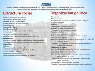Ubicada cerca del mar en la península del Ática. Como la mayoría de las ciudades griegas, pasó de un sistema
                   monárquico a uno oligárquico y conoció tanto la tiranía como la democracia.




Basado en la condición de ciudadano                               Aristocracia
o no ciudadano del individuo, si éste                             Arcontes (3-6-9)
era libre o esclavo y evidentemente                               Poder Ejecutivo. Funciones de gobierno, militar y religioso.
su grado de riqueza, lo que determinaba                           Magistrados anuales.
su posición social.                                               Areópago
clases sociales libres:                                           Poder Judicial. Tribunal de justicia.
Ciudadanos o politai                                              Vitalicios, formado por ex-arcontes
Condición de ciudadano se conseguía mediante                      Preparaban leyes, controlaba los arcontes.
El nacimiento                                                     Asamblea o Ecclesia
Tenían plenos derechos civiles (20 años)                          Votar las leyes que proponía el areópago
Responsabilidad con el estado (militar, política, judicial)       Podían participar todos los ciudadanos de pleno derecho
No ciudadanos                                                     Luchas sociales (Stasis)
Metecos (extranjeros, sin derechos ciudadanos, pagan impuestos)   Aristocracia terratenientes, con todos los privilegios. S. VII a.c., no
Clerurcos (miembros de una colonia, castigados por sublevación)             existía ley escrita
clase no libre                                                    Creciente nº de ciudadanos no aristócratas, enriquecidos por el
Esclavos                                                                    comercio y la industria.
Descendientes de los vencidos, niños                              Codificación de las leyes
no deseados, aquellos que no pagaban sus deudas.                  En el año 621 a.c., Dracón escribió el primer códice ateniense.
Esclavos privados y públicos.                                     Gran avance, que no soluciona la Stasis.
Reclutados en época de guerra.                                    Reformas de Solón (solución legislativa)
Podían comprar su libertad u obtenerla de sus amos.               594 a.c., Solón elegido arconte y comienza con el proceso de
                                                                            democratización de Atenas.
                                                                  Cambió el principio inmóvil de la Aristocracia hereditaria por
                                                                            sangre, al principio
                                                                  móvil basado en la riqueza de sus miembros.
                                                                  Ciudadanos divididos en 4 clases censitarias (poder económico)
 