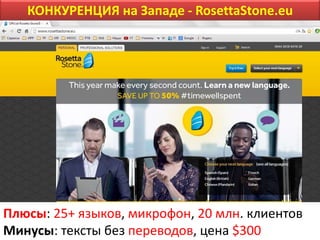 КОНКУРЕНЦИЯ на Западе - RosettaStone.eu
Плюсы: 25+ языков, микрофон, 20 млн. клиентов
Минусы: тексты без переводов, цена $300
 