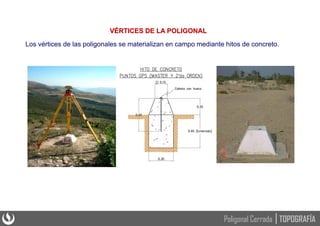 VÉRTICES DE LA POLIGONAL
Los vértices de las poligonales se materializan en campo mediante hitos de concreto.
TOPOGRAFÍA
Poligonal Cerrada
 