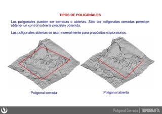 TIPOS DE POLIGONALES
Las poligonales pueden ser cerradas o abiertas. Sólo las poligonales cerradas permiten
obtener un control sobre la precisión obtenida.
Las poligonales abiertas se usan normalmente para propósitos exploratorios.
Poligonal cerrada Poligonal abierta
TOPOGRAFÍA
Poligonal Cerrada
 