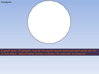 Icosagono:
E questi sono i 20 poligoni, ricordo che queste lezioni sono scaricabili anche dal sito
di slide share, nella prossima lezione, vedremo che cosa sono le proiezioni.
 