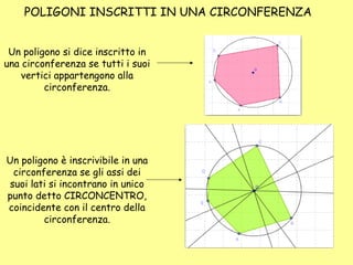 POLIGONI INSCRITTI IN UNA CIRCONFERENZA 
Un poligono si dice inscritto in 
una circonferenza se tutti i suoi 
vertici appartengono alla 
circonferenza. 
Un poligono è inscrivibile in una 
circonferenza se gli assi dei 
suoi lati si incontrano in unico 
punto detto CIRCONCENTRO, 
coincidente con il centro della 
circonferenza. 
 